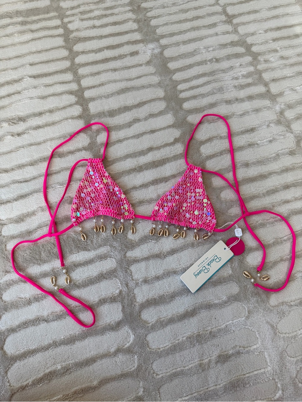 NWT Beach Bunny Bright Pink Sequin Triangle Bikini Top with Gold Shell Accents